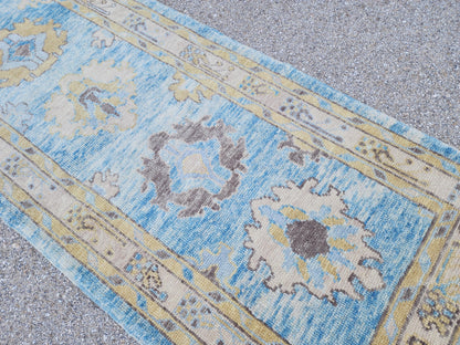 Oushak Wool Runner 3x11: Patina Blue Turkish Entry Rug, Oriental Home Decor