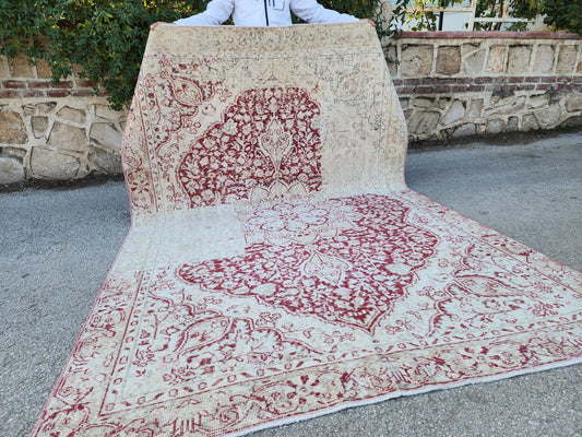 Vintage Oushak Rug 6x9: Hand‑Knotted Area Rug Neutral Decor, Red and Beige Wool