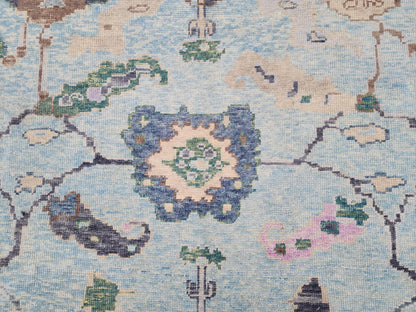 9x10 Oushak Rug: Pastel Blue Floral Up Cycled Wool Carpet, Vintage Boho Style,