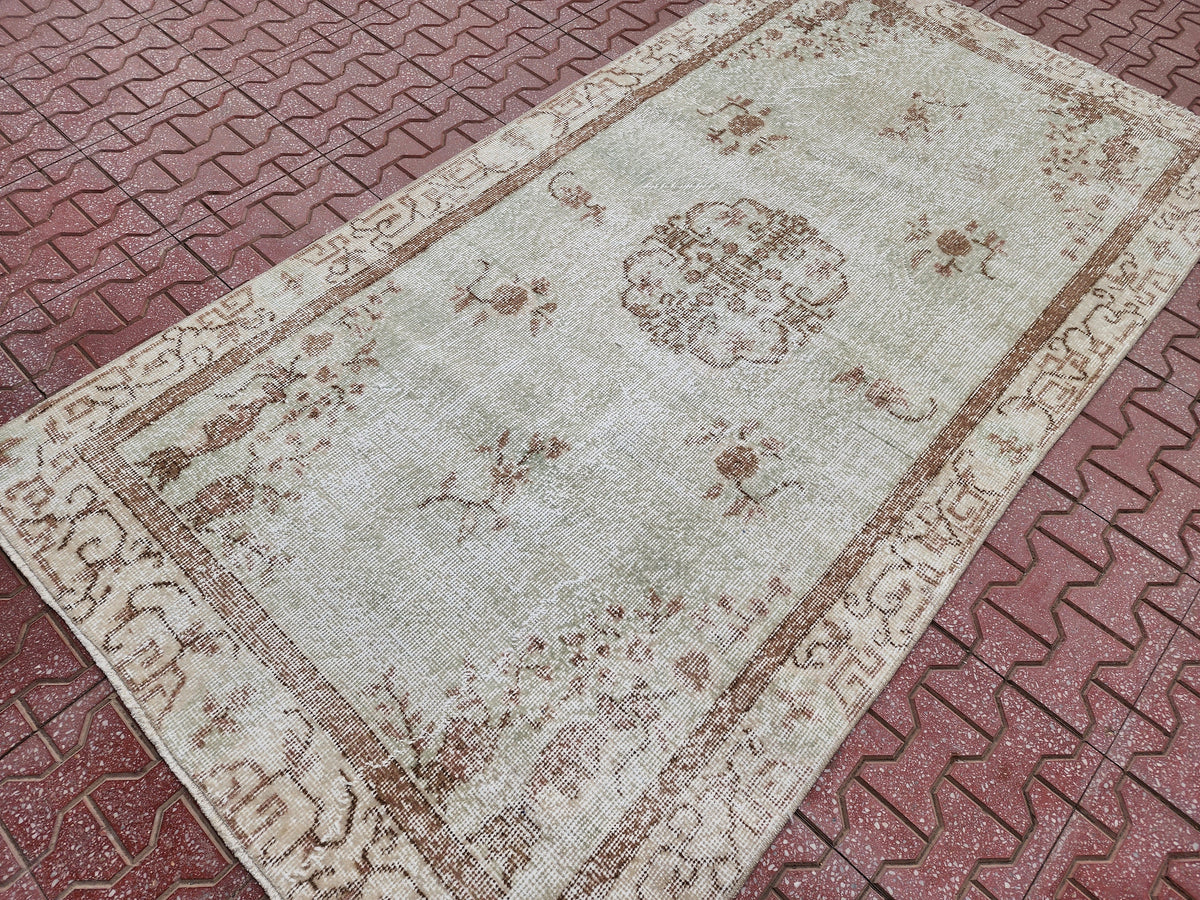Handwoven Turkish Oushak Rug 4x7: Neutral Wool Bohemian Rug