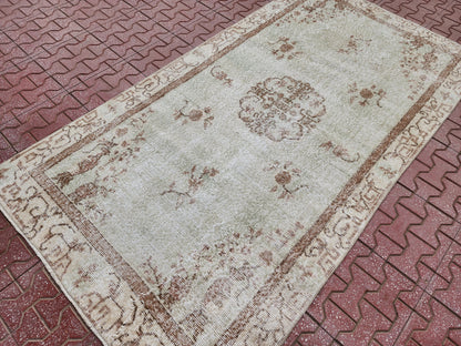 Handwoven Turkish Oushak Rug 4x7: Neutral Wool Bohemian Rug