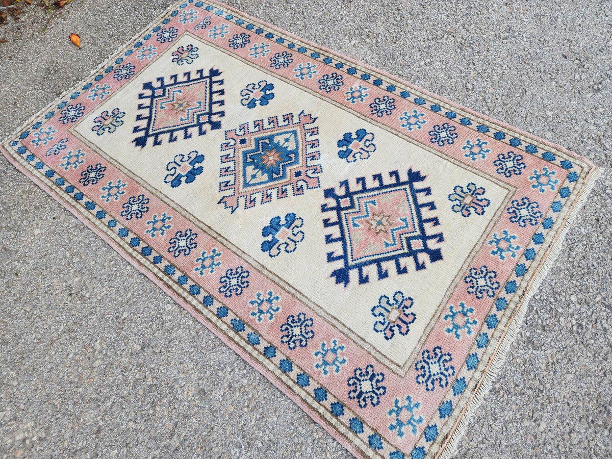 3x5 Anatolian Rug, Bohemian Turkish Hand Made Wool Carpet, Beige and Blue Color