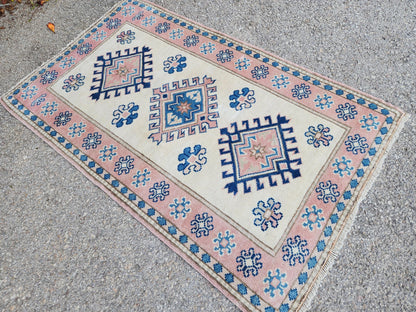 3x5 Anatolian Rug, Bohemian Turkish Hand Made Wool Carpet, Beige and Blue Color