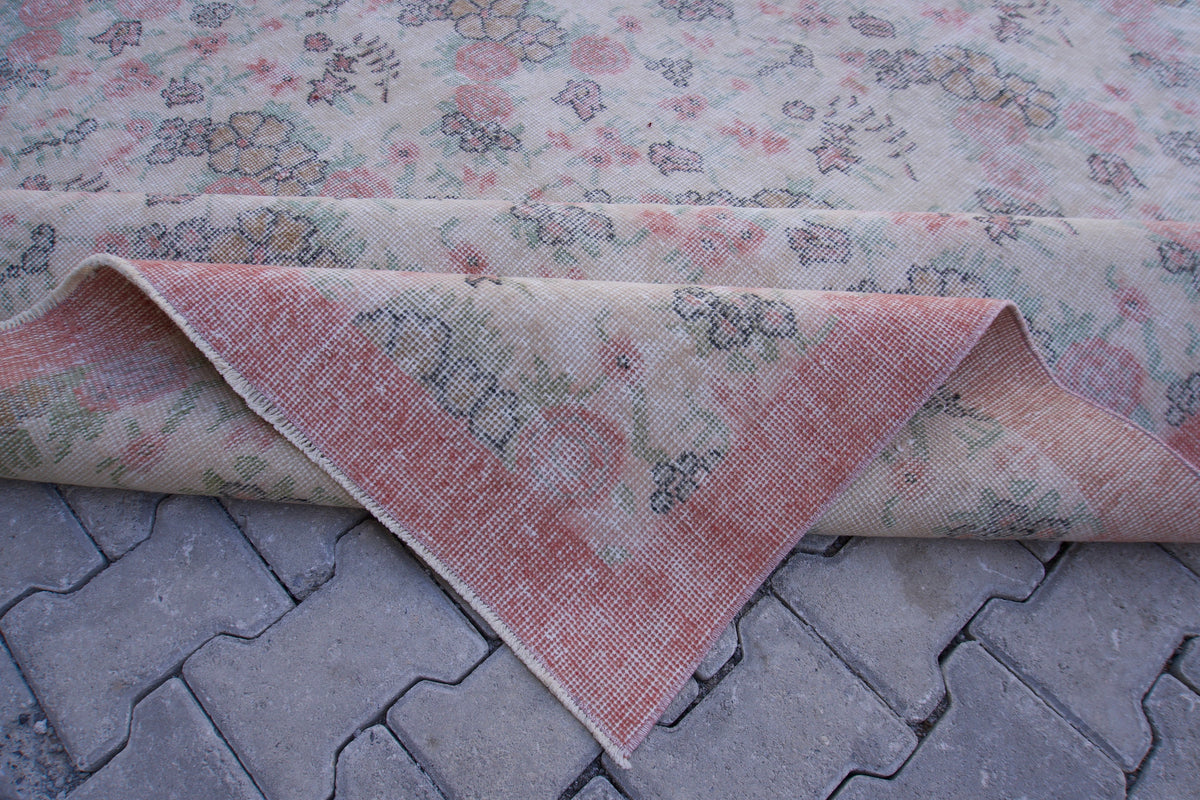 7x10 Neutral Rug, Hand Woven Beige and Faded Red Wool, Living Room Decor