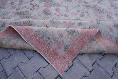 7x10 Neutral Rug, Hand Woven Beige and Faded Red Wool, Living Room Decor
