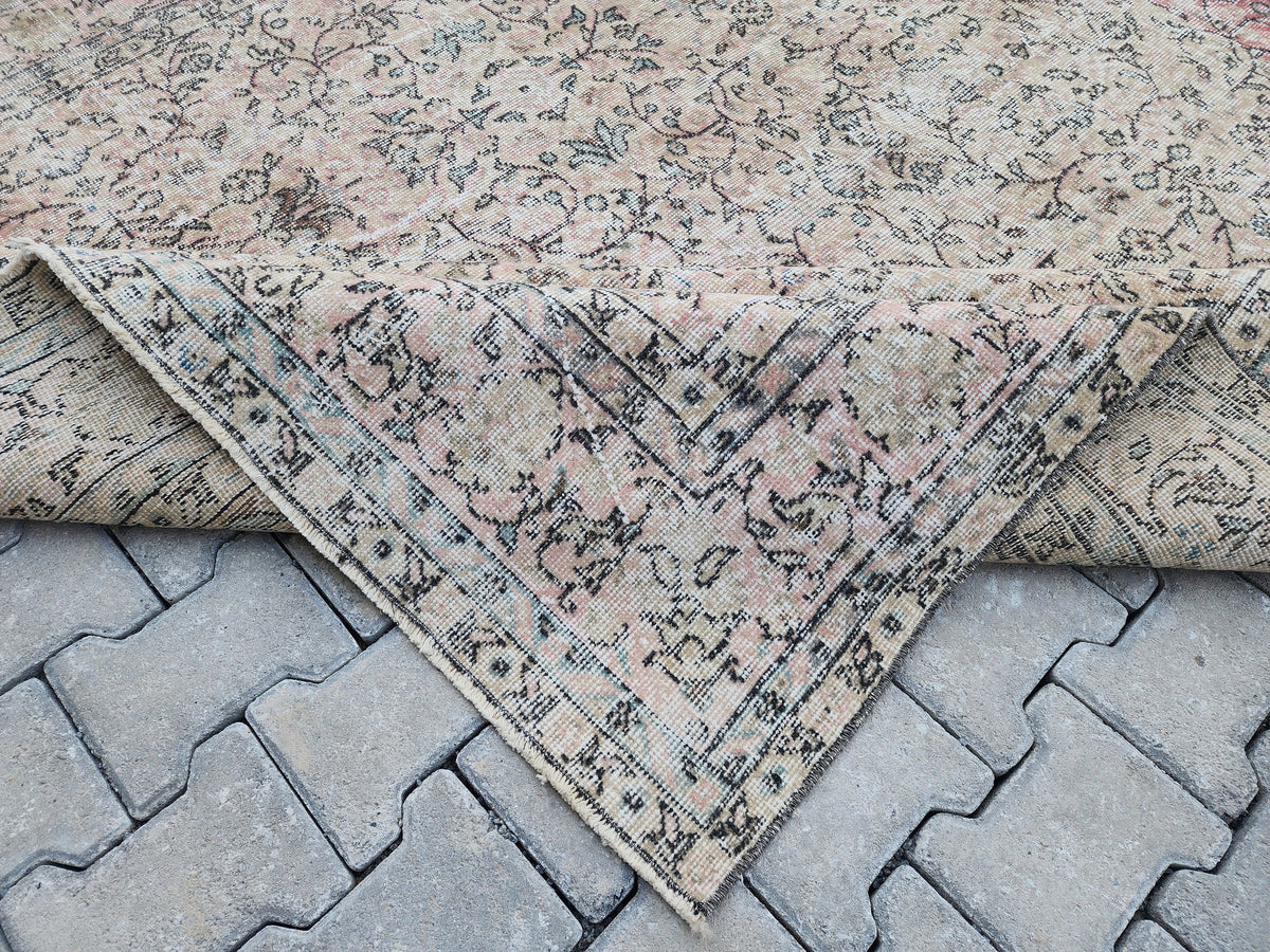 7x10 Vintage Turkish Rug: Beige and Pink Oriental Oushak Rug