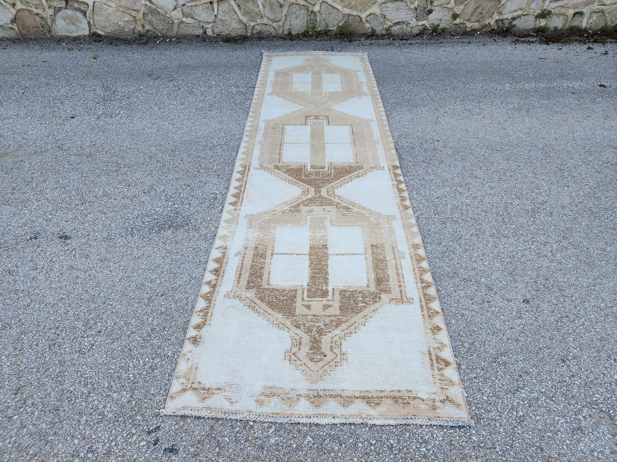 3x12 Neutral Runner Rug, Geometric Turkish Hand Made Design, Beige and White