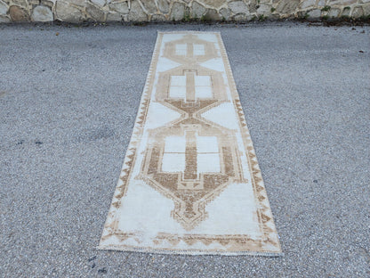 3x12 Neutral Runner Rug, Geometric Turkish Hand Made Design, Beige and White