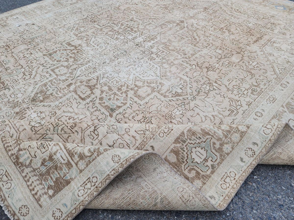 Heriz Neutral Rug 9x12, Hand Knotted Beige And Brown Wool, Living Room Rustic Decor