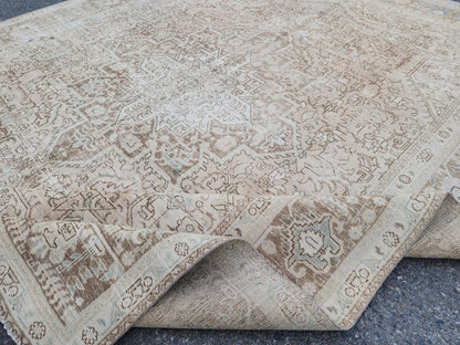 Heriz Neutral Rug 9x12, Hand Knotted Beige And Brown Wool, Living Room Rustic Decor