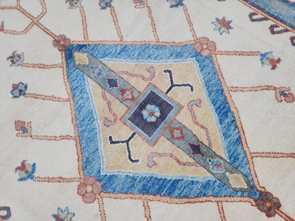 Handwoven Oushak Rug 10x14: Beige & Blue Turkish Wool Rug, Farmhouse Home Decor