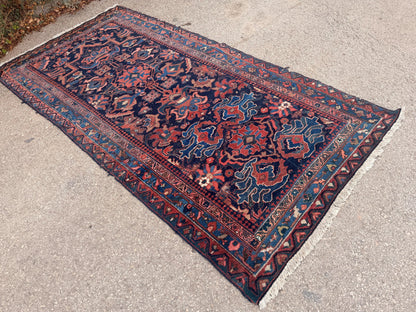 4x9 Antique Rug, 1920s Handwoven Wool Carpet, Patina Blue Collectible Tribal Rug
