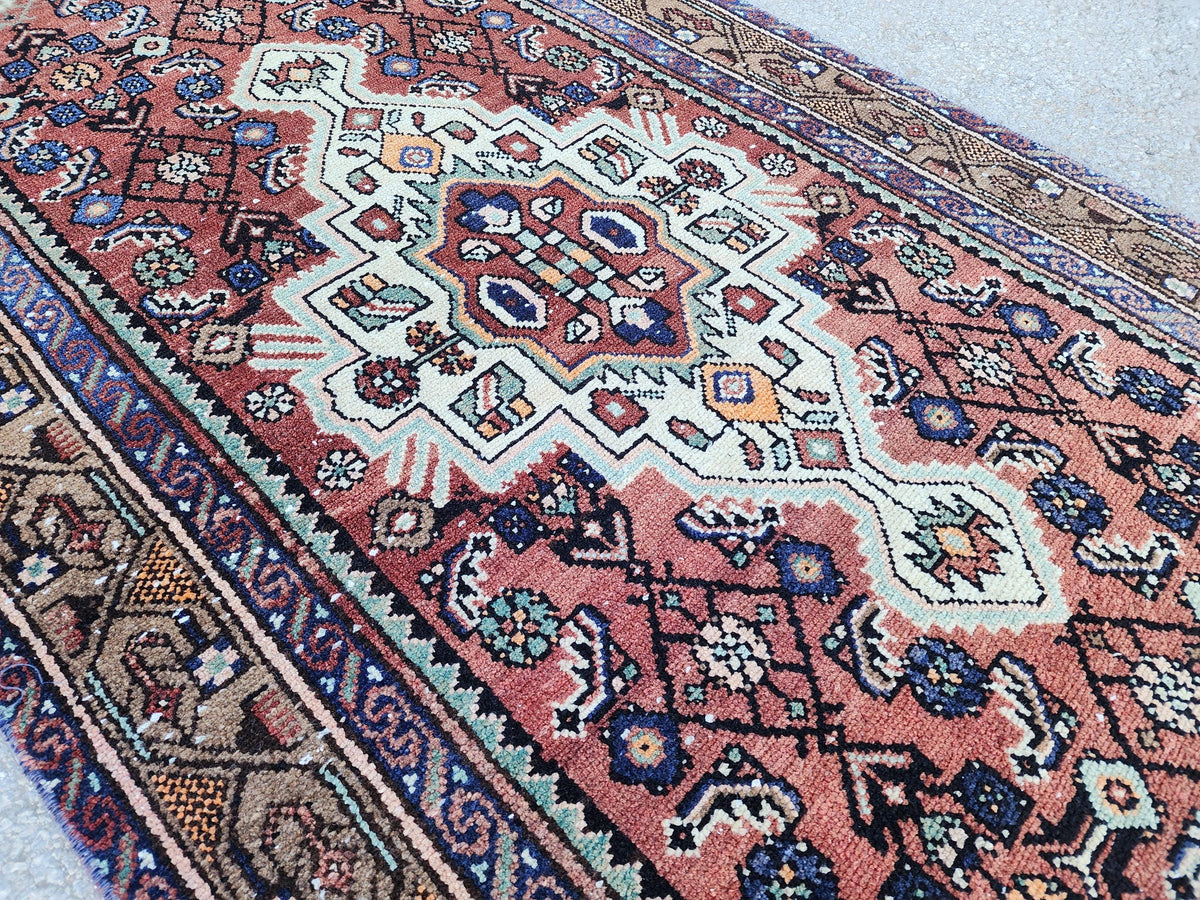 Antique Rustic Runner Rug 3x9: Hand Knotted, Persian Medallion Design