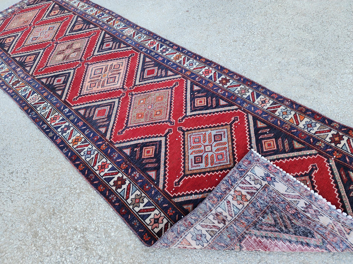 Vintage Hand Woven Rug 3x10: Red and Navy Blue, Persian Geometric Design