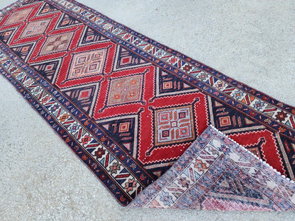 Vintage Hand Woven Rug 3x10: Red and Navy Blue, Persian Geometric Design