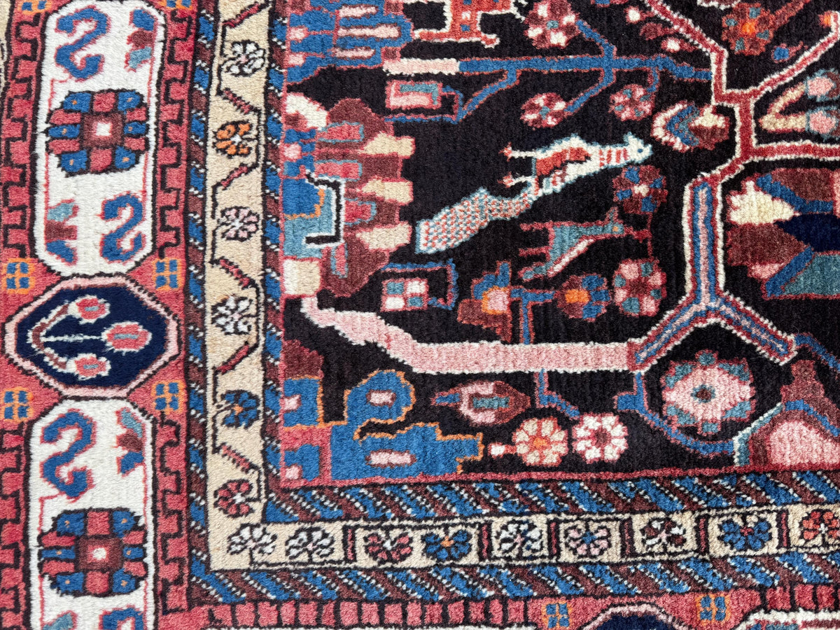 Antique Heriz Rug 5x10: Soft Wool Hand Knotted, Navy and Faded Red