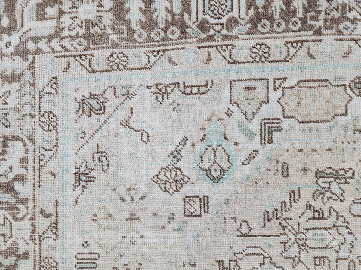 Geometric Neutral Rug 8x11: Beige Wool Hand Knotted Carpet, Rustic Bohem Dining Room Decor