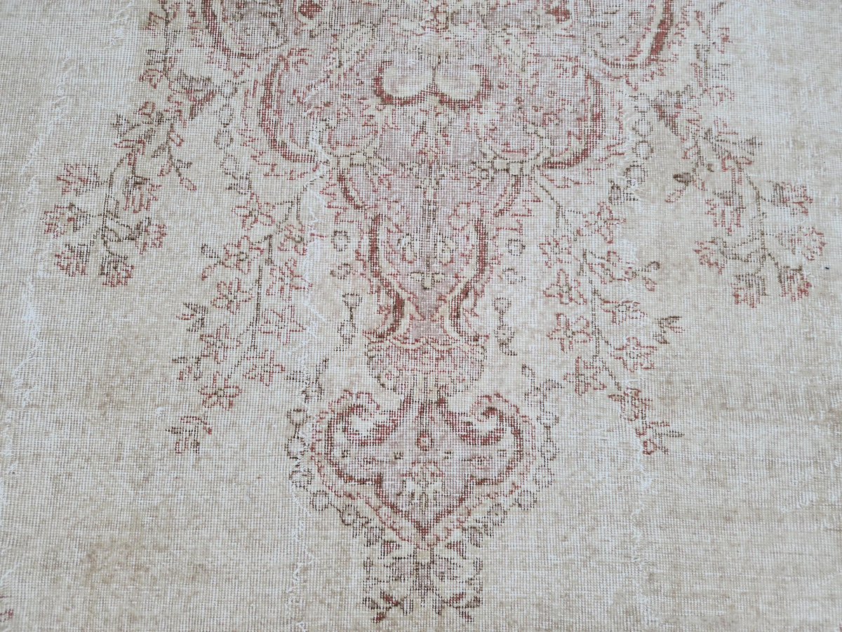 7x10 Medallion Oushak Rug: Turkish Hand Knotted, Farmhouse Beige and Faded Red Rug