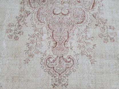 7x10 Medallion Oushak Rug: Turkish Hand Knotted, Farmhouse Beige and Faded Red Rug