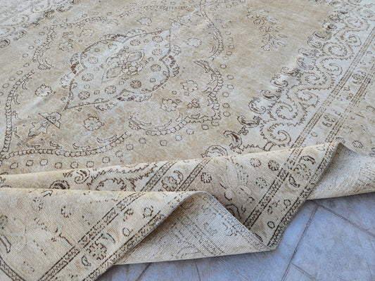 9x12 Vintage Oushak Wool Rug, Hand-Knotted Beige Area Rug, Neutral Living Room Decor