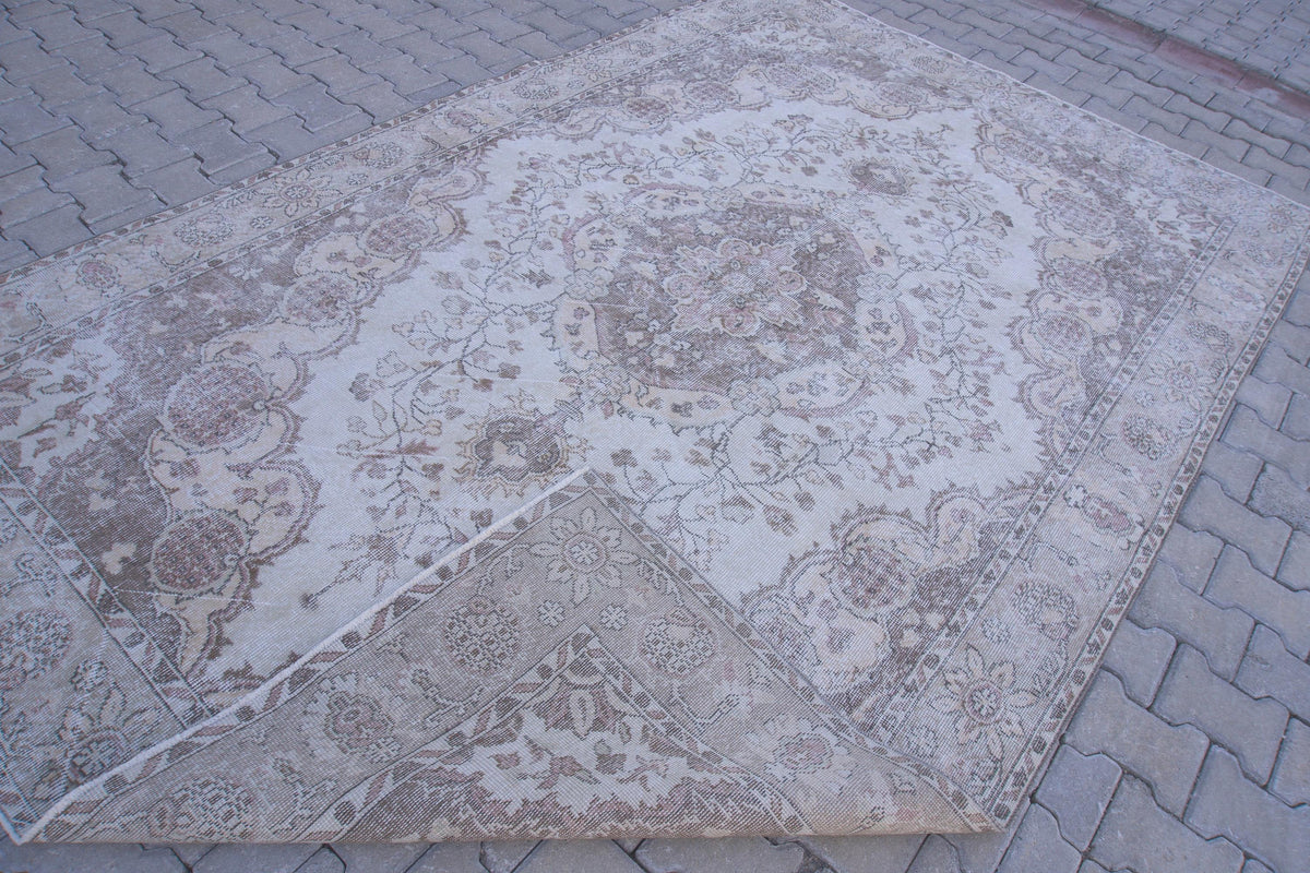 7x10 Neutral Area Rug, Bohemian Home Decor, Oriental Wool Beige and Green Carpet