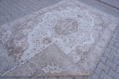 7x10 Neutral Area Rug, Bohemian Home Decor, Oriental Wool Beige and Green Carpet