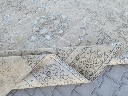 Vintage Oriental Rug 9x12: Beige And Brown Wool, Medallion Persian Border Design, Hand Knotted