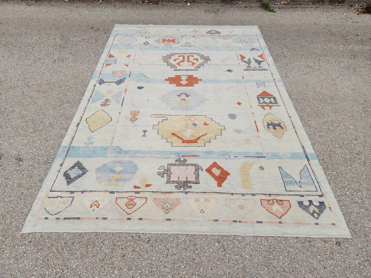 6x9 Oushak Rug: Light Beige Pastel Turkish Wool, Handwoven Boho Rug