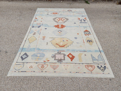 6x9 Oushak Rug: Light Beige Pastel Turkish Wool, Handwoven Boho Rug