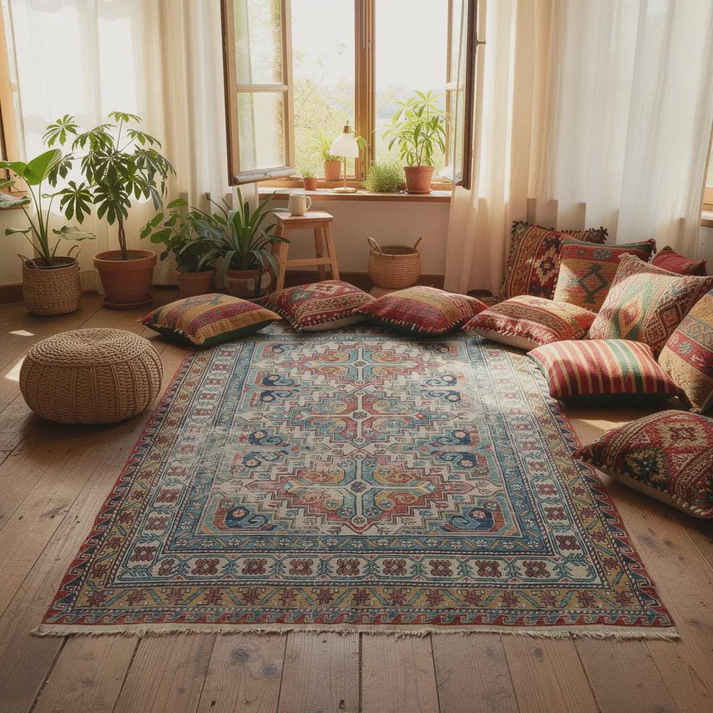 5x8 Antique Soumak Rug, Handwoven Wool Bohemian Eclectic Area Rug, Neutral Accent Decor