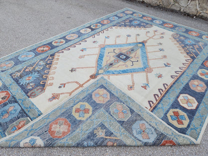Handwoven Oushak Rug 10x14: Beige & Blue Turkish Wool Rug, Farmhouse Home Decor