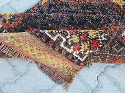 3x9 Vintage Herki Wool Runner Rug: Turkish Bohemian Hallway Rug