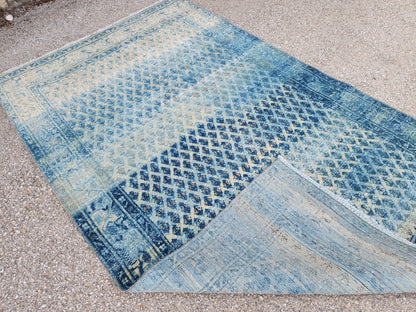 Handwoven Turkish Wool Rug 4x7: Blue Rustic Farmhouse Decor