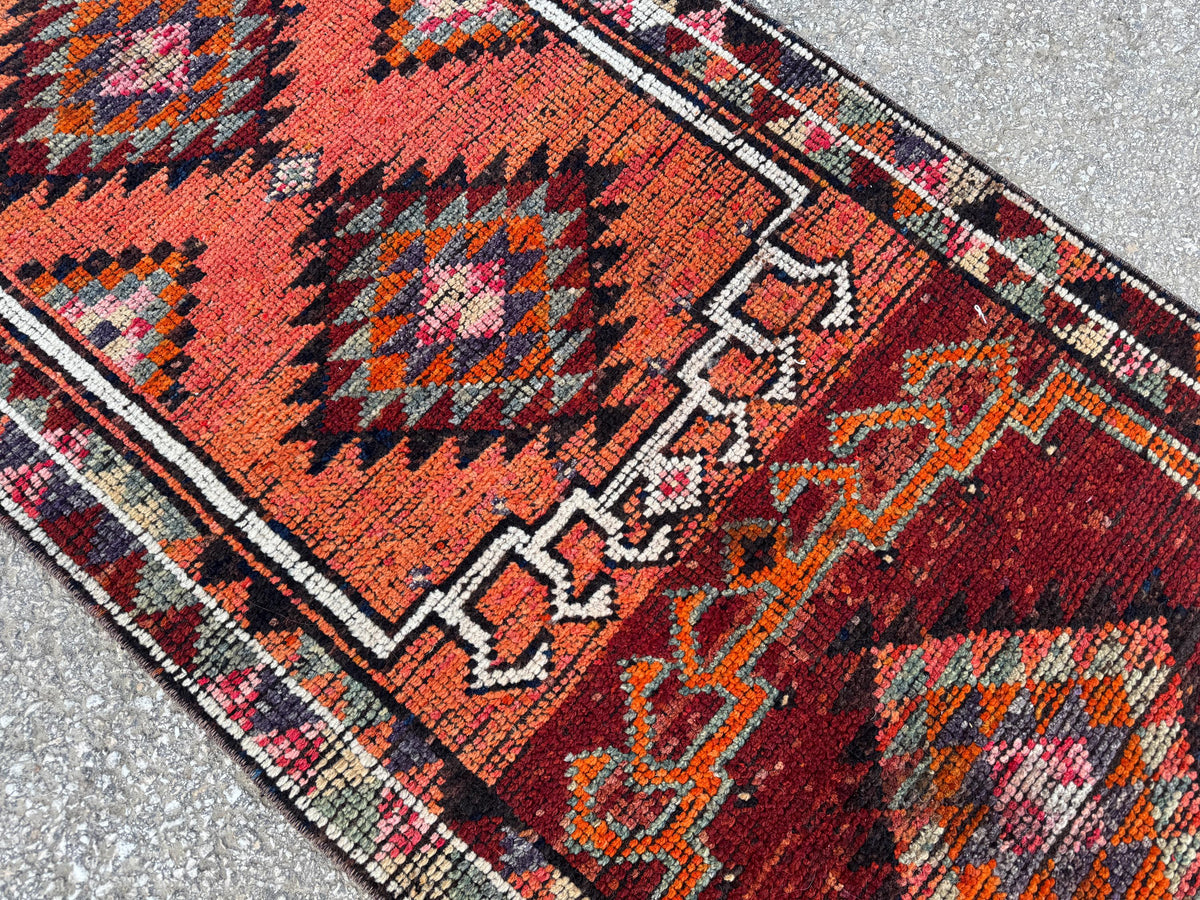 2x11 Runner Rug: Vintage Wool in Maroon and Orange with Geometric Tribal Pattern