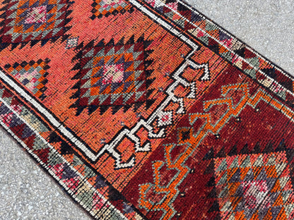 2x11 Runner Rug: Vintage Wool in Maroon and Orange with Geometric Tribal Pattern