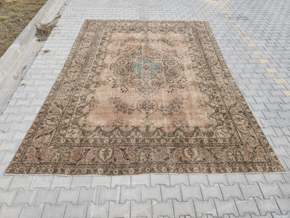 Persian Oriental Rug 9×12, Vintage Hand-Knotted Wool, Neutral Beige Carpet