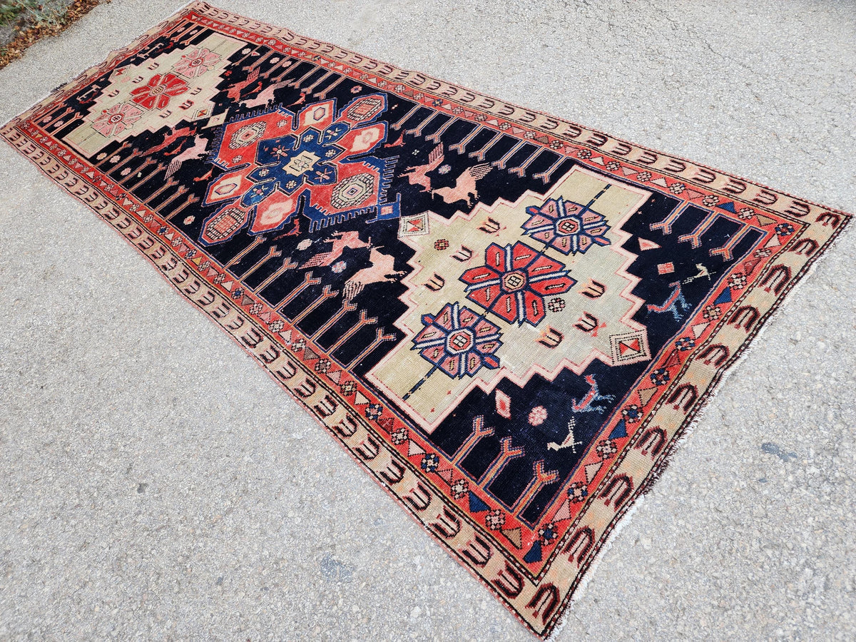 3.7x9.7 Vintage Caucasian Runner Rug, 1950s Handwoven Wool Carpet, Animal Motif Navy Red Tribal Design