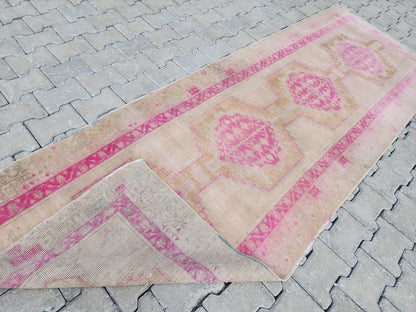 Vintage Pink Wool Oushak Runner Rug - 3x9 Oriental Entryway Rug