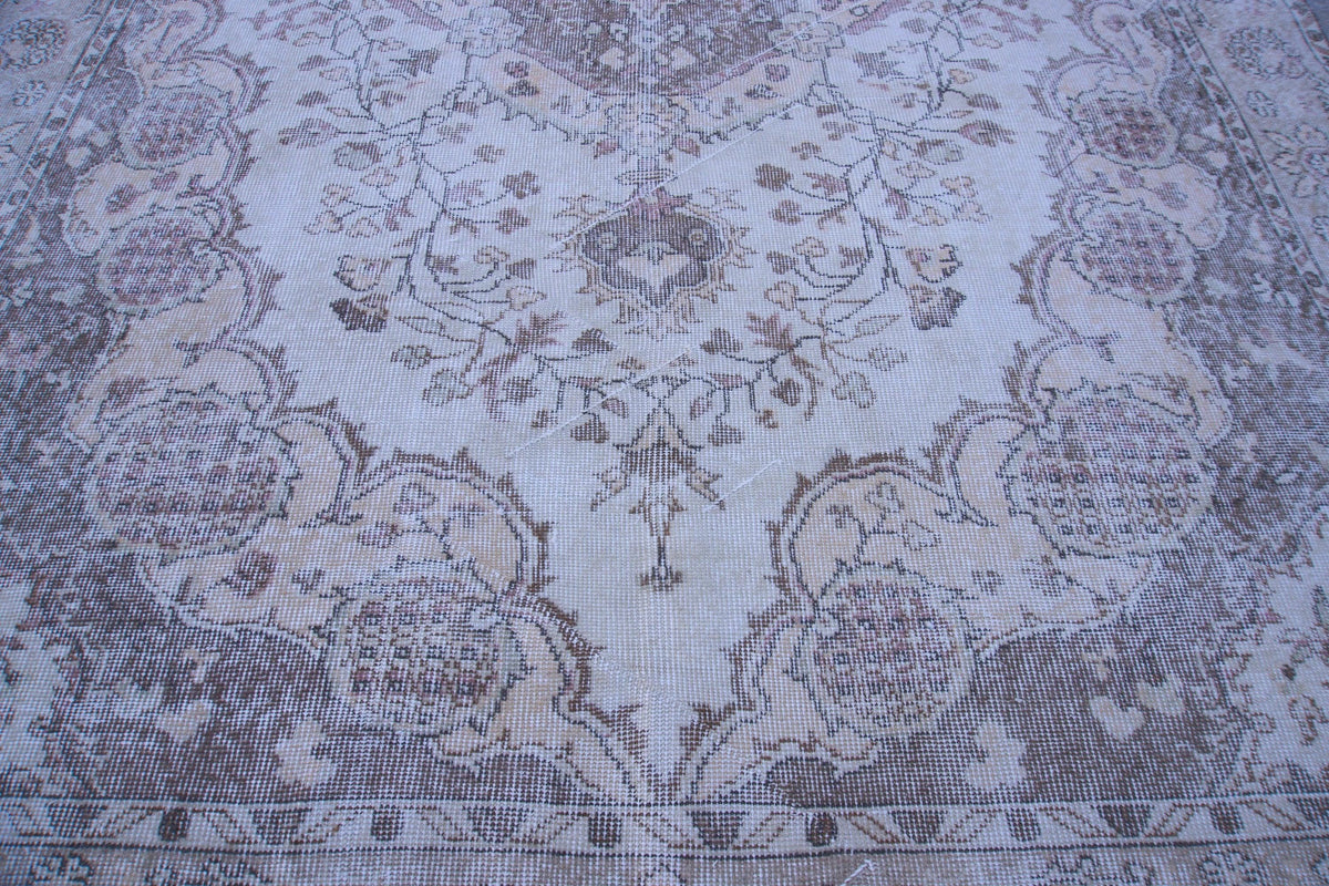 7x10 Neutral Area Rug, Bohemian Home Decor, Oriental Wool Beige and Green Carpet