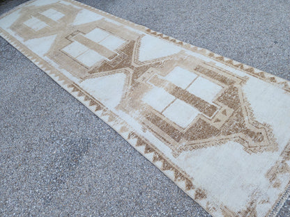 3x12 Neutral Runner Rug, Geometric Turkish Hand Made Design, Beige and White