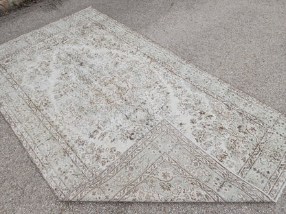 Hand Knotted Turkish Rug 6x10: Neutral Beige Wool Oushak Rug