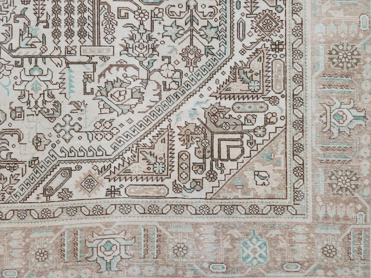 Vintage Neutral Rug 9x12, Up Cycled Wool, Hand Knotted Geometric Design, Brown and Beige