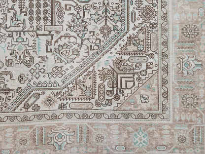 Vintage Neutral Rug 9x12, Up Cycled Wool, Hand Knotted Geometric Design, Brown and Beige