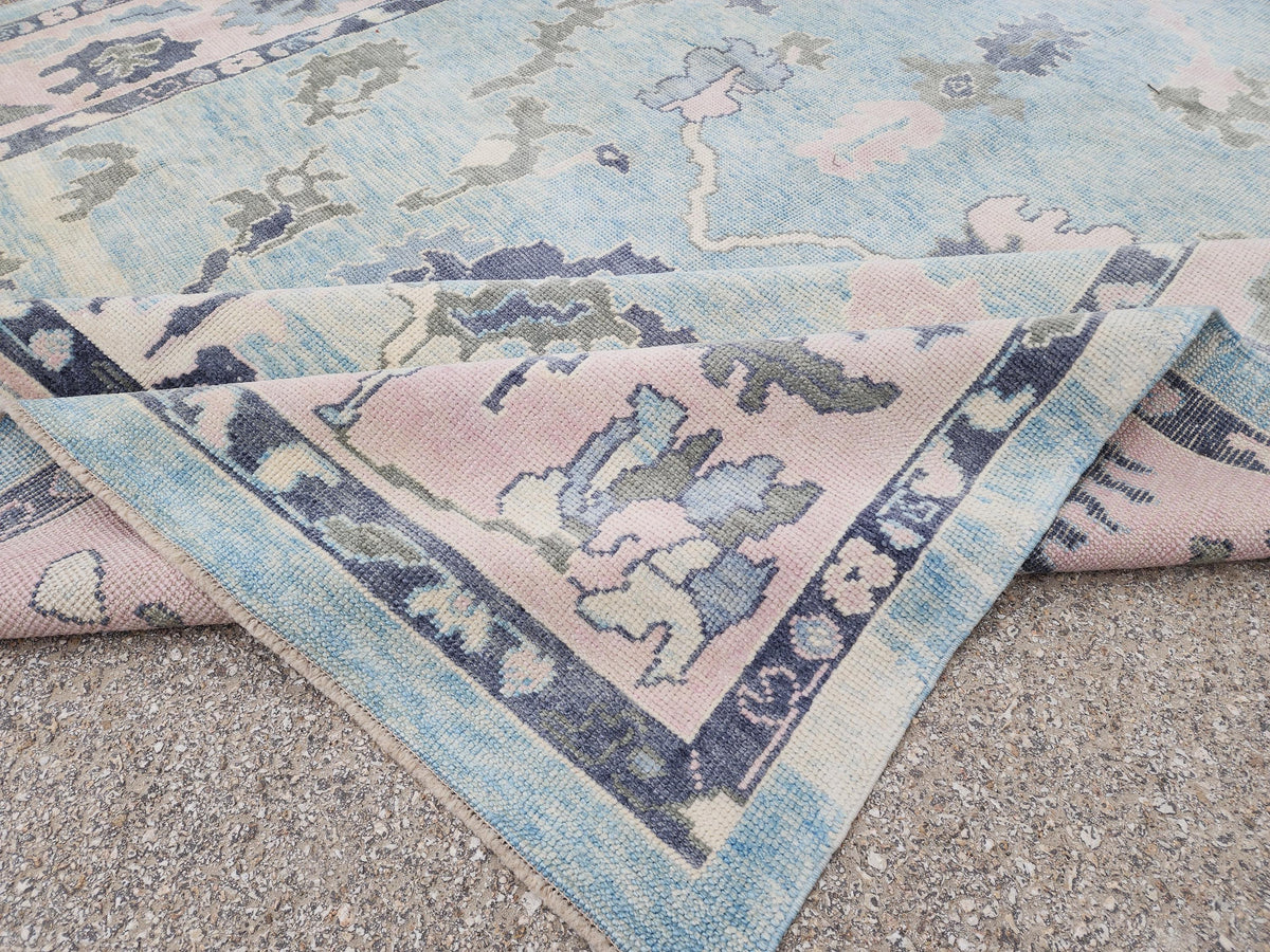 Handwoven Oushak Rug 8x10: Up Cycled Wool Carpet, Pastel Blue & Pink