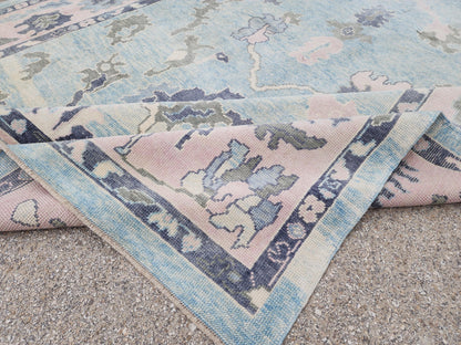 Handwoven Oushak Rug 8x10: Up Cycled Wool Carpet, Pastel Blue & Pink