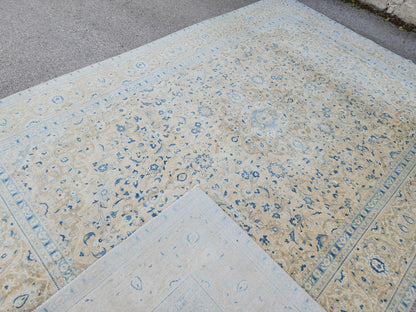 Neutral Blue Wool Area Rug 9x14: Rustic Farmhouse Bohemian Style