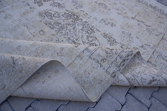 Turkish Oushak Rug 7x10: Vintage Handwoven Wool Beige Carpet, Oriental Living Room Decor