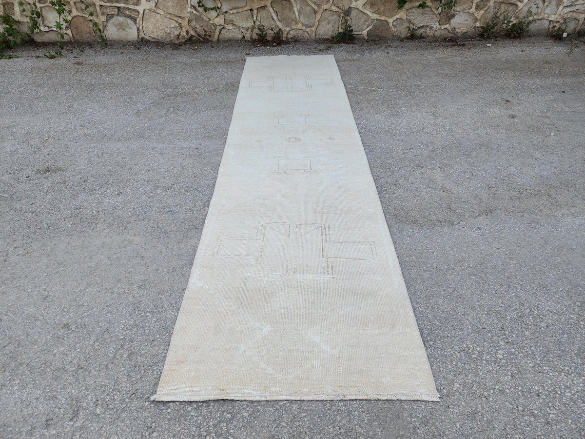 Muted Beige Runner Rug 3x12, Turkish Home Decor Wool Carpet, Hallway Decor