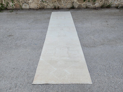 Muted Beige Runner Rug 3x12, Turkish Home Decor Wool Carpet, Hallway Decor