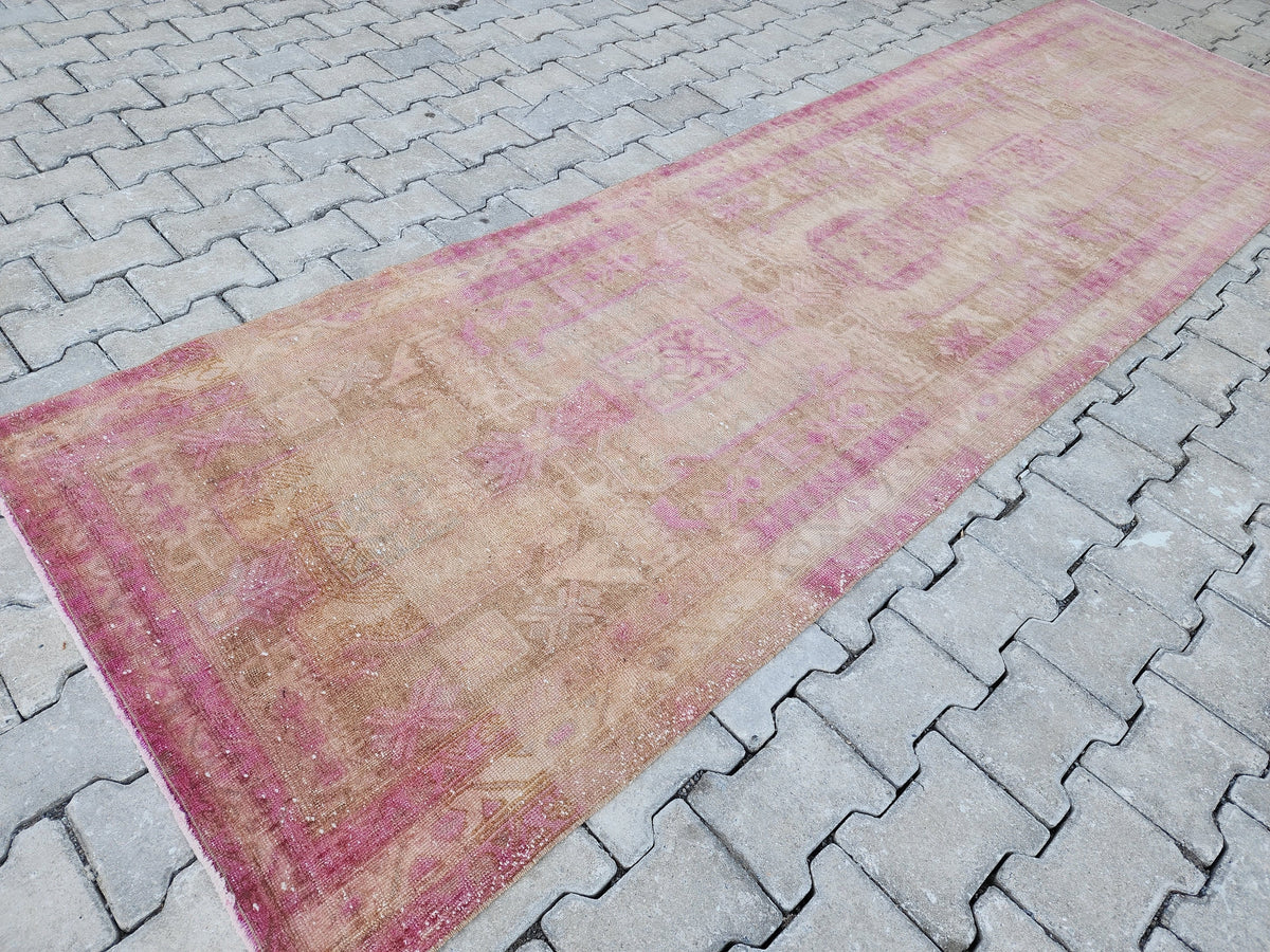 3x11 Pink Wool Turkish Runner Rug: Hand Knotted Bohemian Hallway Decor